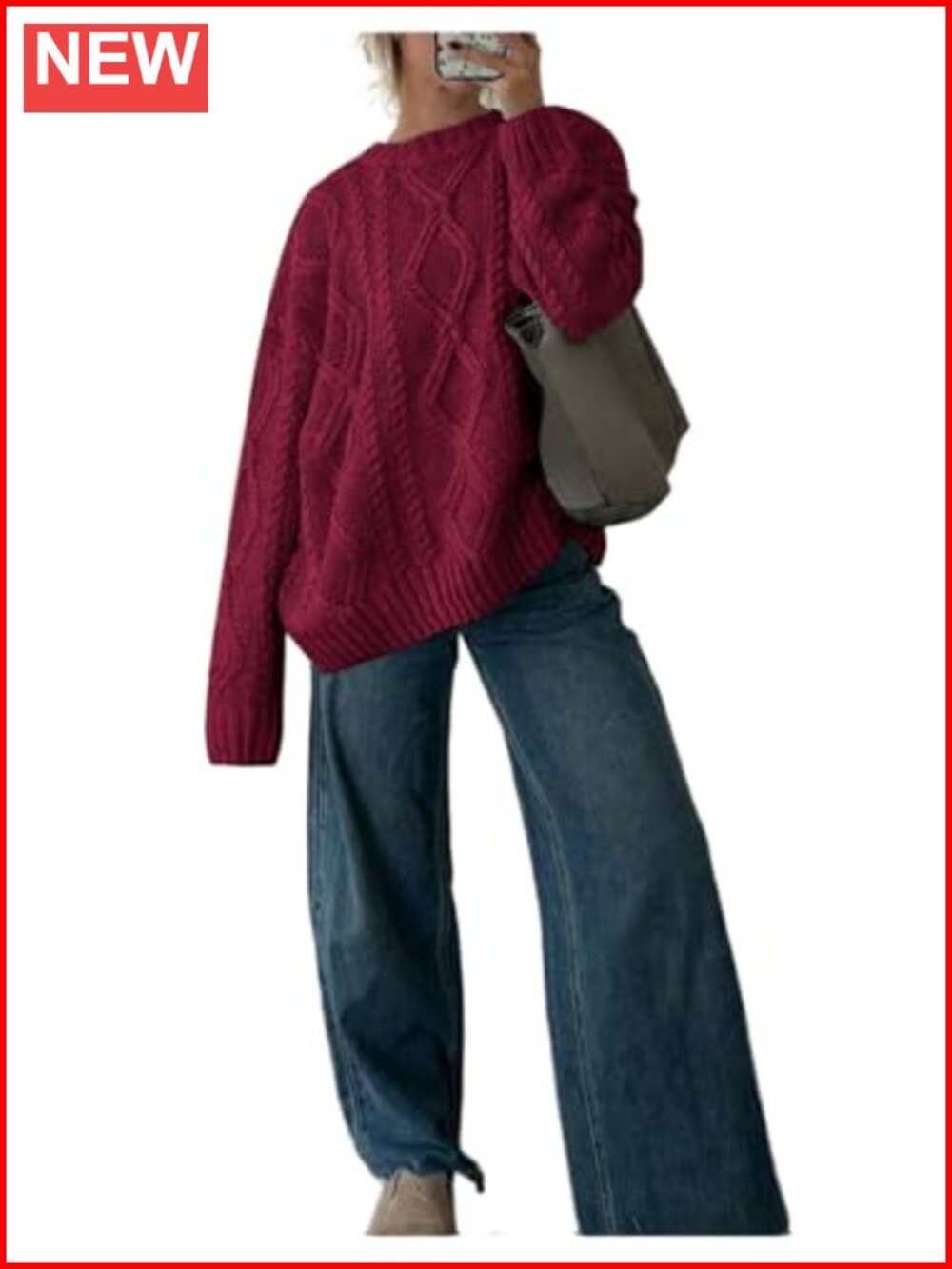 Oversized Cable Knit Sweater Long Sleeve Crew Neck Chunky Pullover